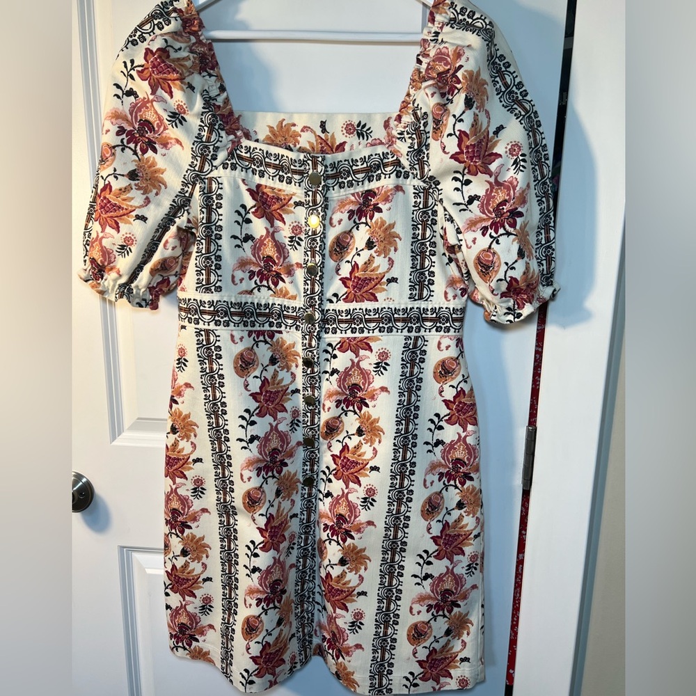 Spartina Catrina Denim Puff Sleeve Dress In Floral Thistle Stripe. Size Medium - Picture 6 of 13
